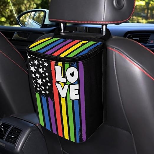 Colorful LGBT Flag Hanging Car Trash Bin for Vehicle SUV Truck，Leak Proof Vehicle Garbage Can with Lid，Washable and Adjustable Strap Trash Can for Back Seat/Console Armrest