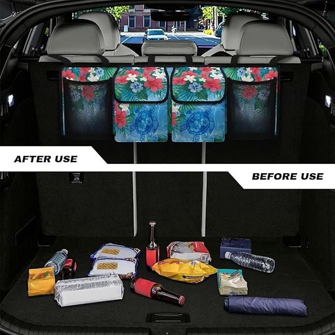 Car Trunk Organizer and Storage with Adjustable Straps, Backseat Hanging Organizer for SUV, Truck, MPV, Waterproof Cargo Storage Bag Car Interior Accessories for Women and Men, Sea Turtle Black