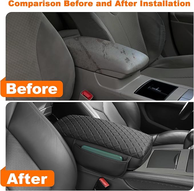 Center Console Armrest Cover for Toyota Camry 2007-2011 Accessories Arm Rest Pad Console Cushion Lid Middle Console Protector Black Leather with Pockets