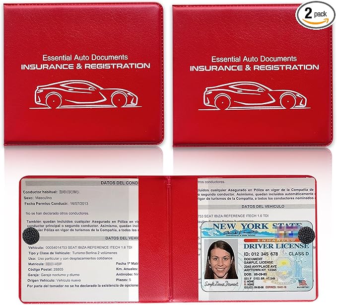 Ziciner Car Registration Insurance Holder, 2Pack Essential Auto Card Document Glove Box Organizer with Touch Fastener, Vehicle Interior Accessories Perfect for Most Car, Truck, SUV (Red/Small Car)