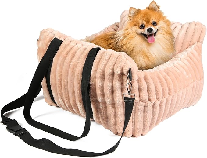 HOMLOVE Dog Car Booster Seat, for Small Dogs Under 30 lbs, Detachable Washable Travel Bed with Storage Pockets and Safety Belt (Pink, Medium)