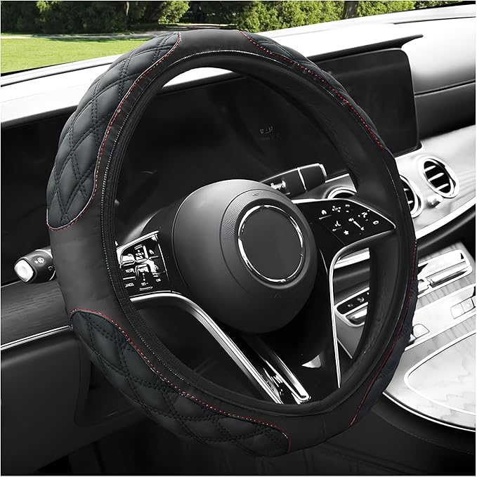 Car Steering Wheel Cover, 15 Inches Non-Slip Leather Car Steering Wheel Protector, Universal Steering Wheel Soft Cover Mats for Car Truck SUV, Interior Car Accessories (Black)
