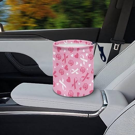 Breast Cancer Pink Ribbon Car Trash Bag, Car Trash Can - Cute, Portable, Collapsible for Back Seat, Floor, or Hanging Headrest Waste Basket