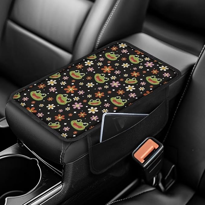 Dreaweet Car Center Console Cover with Pockets Frog Car Accessories,Universal Comfortable Arm Rest Cover Pad for Truck Car SUV,Cute Car Armrest Cover for Women