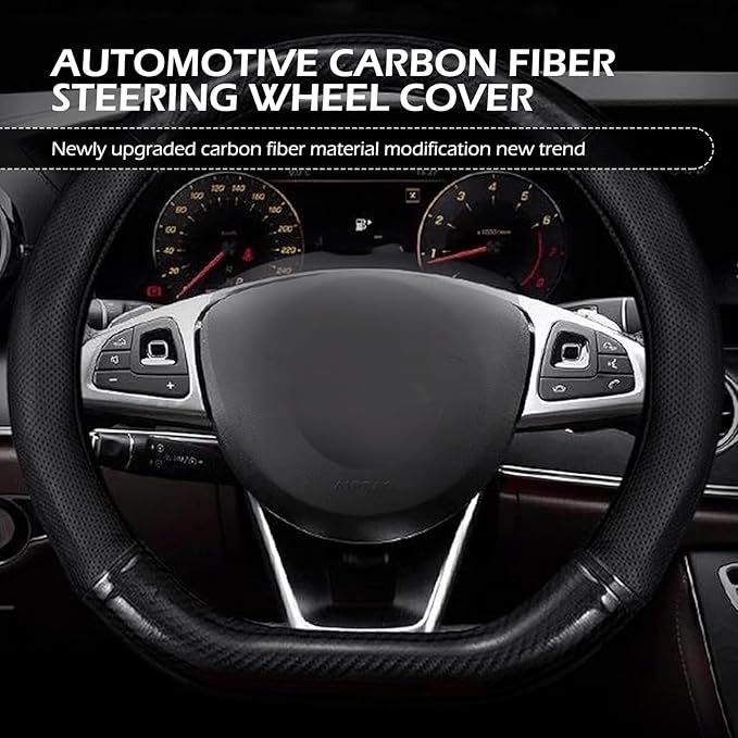 Car Carbon Fiber Steering Wheel Cover, D-shape Anti-slip Breathable Steering Wheel Protector, Four-season Interior Accessory, Universal for Most Cars (Black #D-shape)