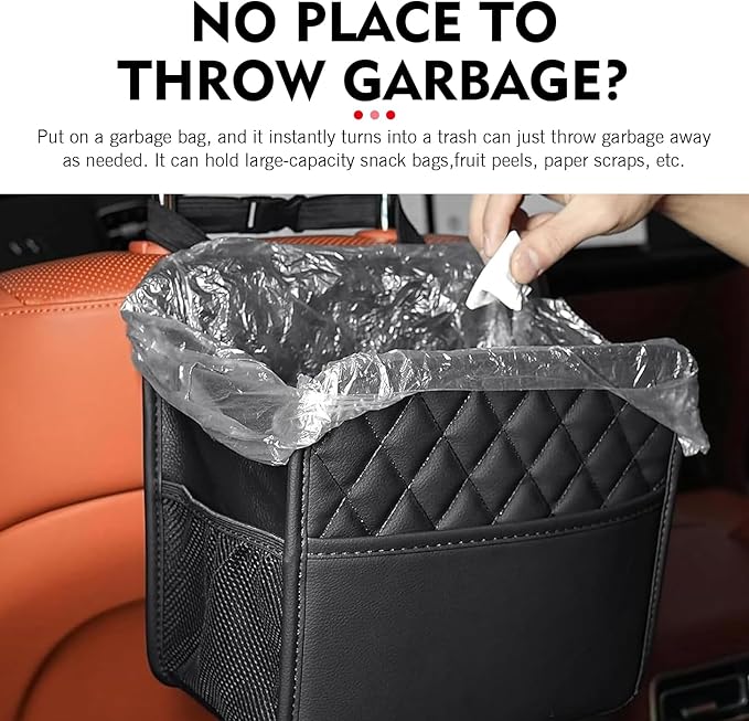 Backseat Car Organizer, 10" x 10" PU Leather Hanging Storage with Side Pockets, Multifunctional Auto Backseat Organizer, Large Capacity Waterproof Garbage Can for Most Cars Vehicles (Black)