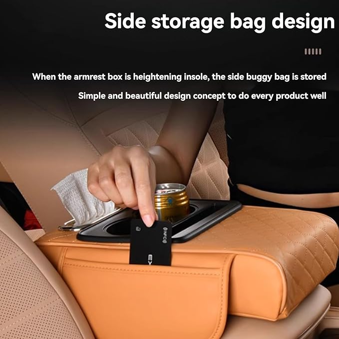 Multifunctional Pu Leather Car Armrest Box Mat, 5-In-1Multifunctional Car Armrest Cushion, Car Arm Rest Cover Pad, Center Console Organizer with Cup Holder, Tissue Box & Phone Slot (Black and Red)