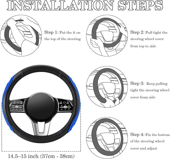 Blue Film Splicing Leather Steering Wheel Cover, Microfiber Leather, Anti-Slip, Breathable, Universal Fit for 14.5–15 in Steering Wheel Cover for Men Women