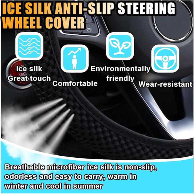 Stretch Elastic Steering Wheel Cover, All-Season Comfort, Warm in Winter & Cool in Summer, Universal 15 Inch Microfiber Breathable Ice Silk, Anti-Slip, Odorless, Easy Carry, Fit Car, SUV (Black)