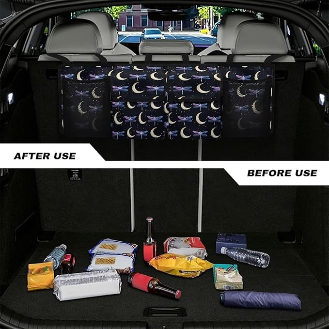 Dragonfly Moon Large Capacity Car Trunk Organizer, Waterproof Oxford Backseat Hanging Storage Bag with 4 Pockets, Foldable Car Organization for Car Tools, Car Accessory for SUV Truck