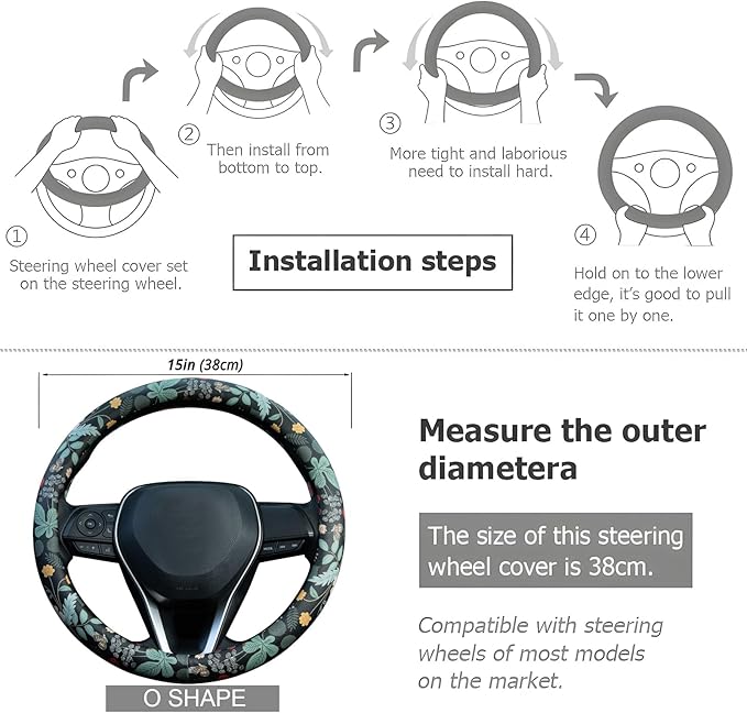 Flowers and Strawberries Steering Wheel Cover Auto Leather Steering Wheel Protector, Anti-Slip, Breathable, Absorbing Sweat, Universal Car Accessories 14.5–15 inch,Fit for Most Car, Trucks, SUV