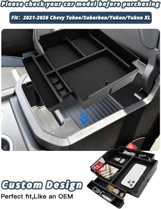 Ruiya 2026 GMC Yukon Denali Center Console Organizer Compatible with 2021-2026 Chevy Tahoe/Suburban(Premier/High Country) & Yukon/Yukon XL(Denali/Denali Ultimate)(Only Fit for Power Sliding Console)