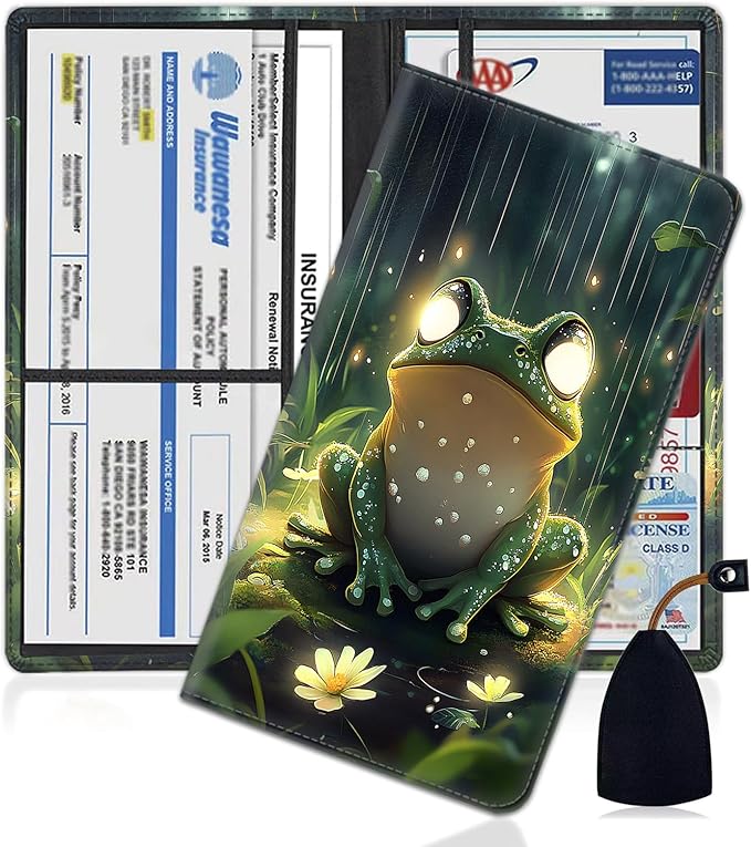 Car Document Holder with Magnetic Shut, Car Registration and Insurance Card Holder, Vehicle Glove Box Organizer Documents, Driver License, Auto Paperwork Organizer Wallet, Frog In The Rainforest