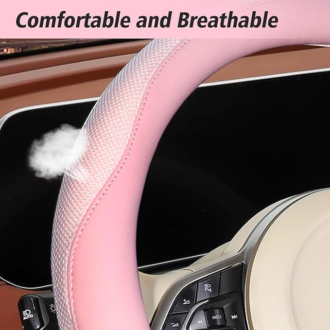 ZHOL Light Pink Steering Wheel Cover, Breathable Microfiber Leather Anti-Slip Cute Car Steering Wheel Cover for Women, Warm in Winter and Cool in Summer, 15 Inch