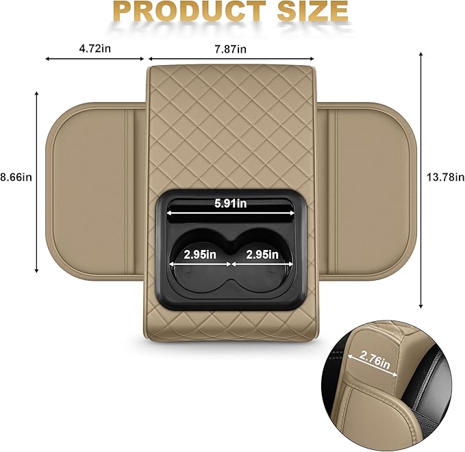 Center Console Cover for TLX: Armrest Cover for Car with 2 Storage Bags - Waterproof Leather Center Console Cover with Cup Holder for Car,Anti-Scratch Auto Armrest Pad Accessory （Beige