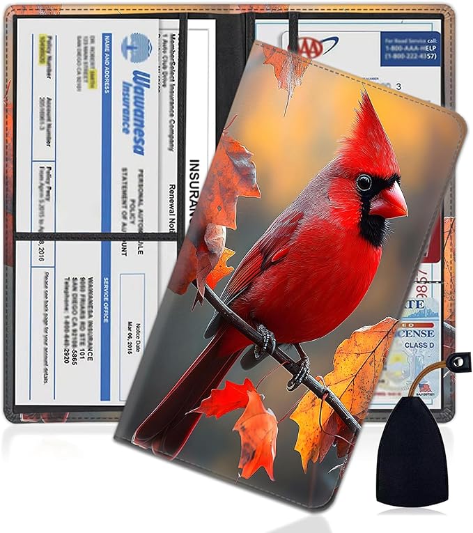 Car Document Holder with Magnetic Shut, Car Registration and Insurance Card Holder, Vehicle Glove Box Organizer Documents, Driver License Auto Paperwork Organizer Wallet,Red Cardinal In Fallen Leaves