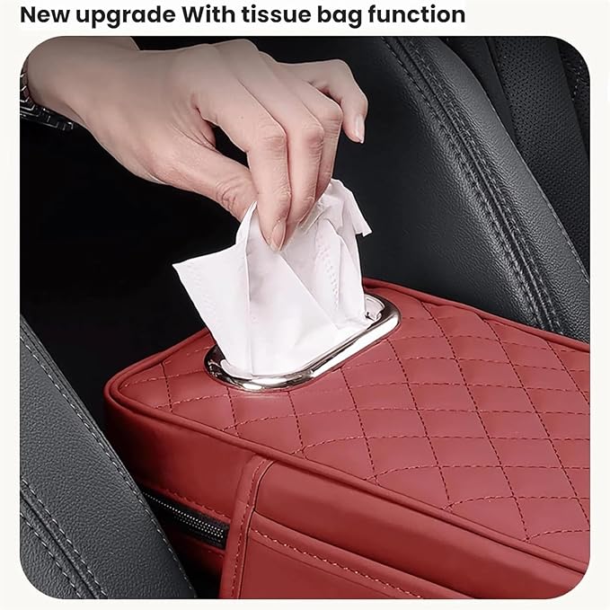 Car Arm Rest Cover Pad for Ford Maverick 2022 2023 2024, Leather Memory Foam Center Console Cushion with 2 Storage Bags and a Tissue Box Universal Car Interior Accessories,D/Coffee