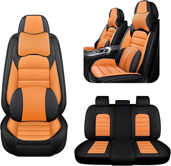 AREKA 5 Car Seat Covers for Subaru Crosstrek 2016-2026 Breathable Leather,Waterproof Cars Seat Protectors with Comfort Headrest Pillows,Automotive Vehicle Cushion with Storage Pockets (Luxury,Orange)