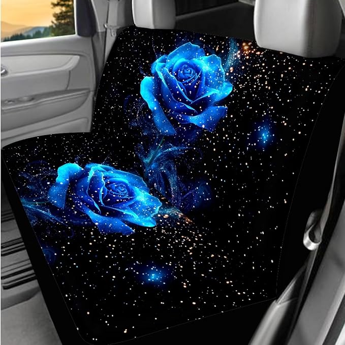Dngkaoje 13 Pack Romantic Rose Car Seat Cover Full Set for Women Auto Interior Accessories Set with Blue Rose Leakproof Hanging Vehicle Trash Bin,Handbrake Shift Covers,Steering Wheel Covers