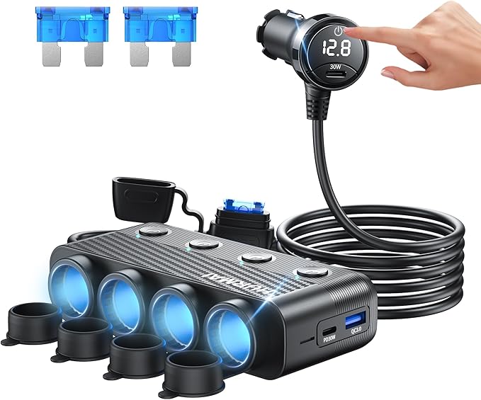 12V Car Heavy Duty Truck Cigarette Lighter Plug USB Charger Multi Port Car Plug Outlet Splitter with LED Voltage Display Independent Switches