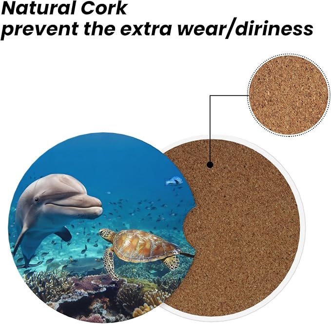 HUWAAI Dolphin Turtle Reef Ocean Car Cup Holder Coasters 2 Pack Universal 2.63 Inch Anti Slip Ceramic Absorbent Coaster with Cork Base and Finger Notch Cute Car Accessories Interior for Women