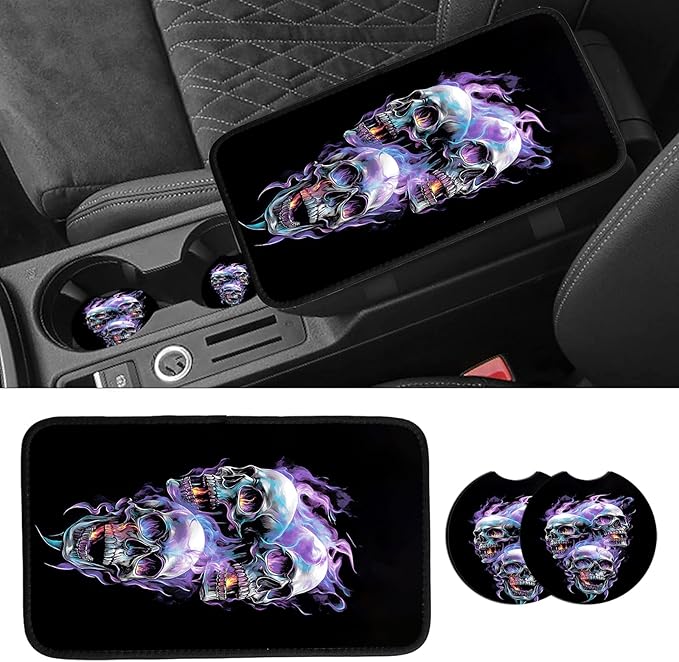 JANENFNA Car Armrest Cover Pads Universal Fashion Cute Auto Center Console Armrest Cover Pad with 2PCS Car Coasters Soft Waterproof Car Armrest Seat Protector for Women,Flame Skull