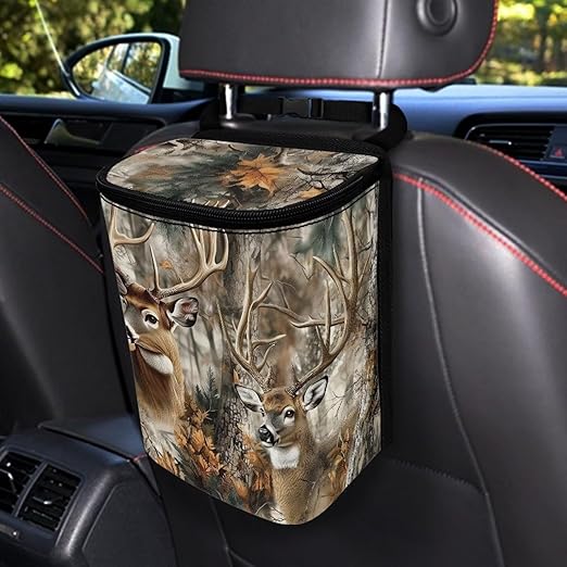 Talayituse Deer Hunting Camo Leaves Print Car Trash Can with Lid, Leak Proof Auto Trash Bag Hanging Vehicle Garbage Can Multipurpose Storage Container for Back Seat Road Trip