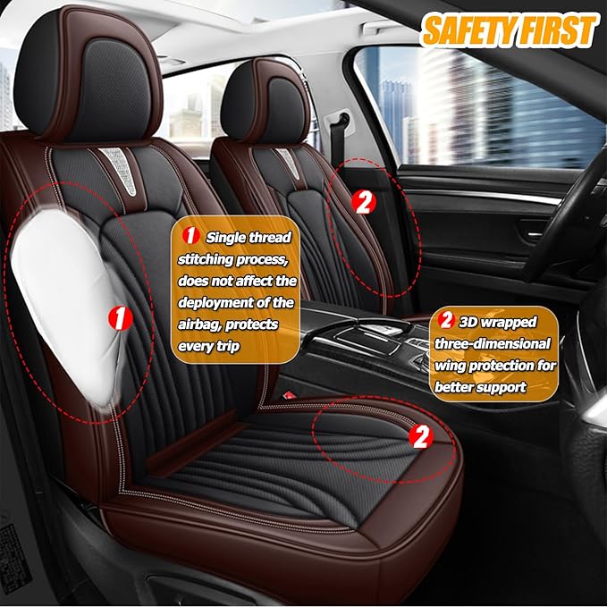 Car Seat Covers for 2 Seats - Nappa Leather 3D Foam Back Support, Super Breathable, All Season Car Seat Cushion with Storage Bags, Universal Fit for Most Cars, Colour- Coffee Black