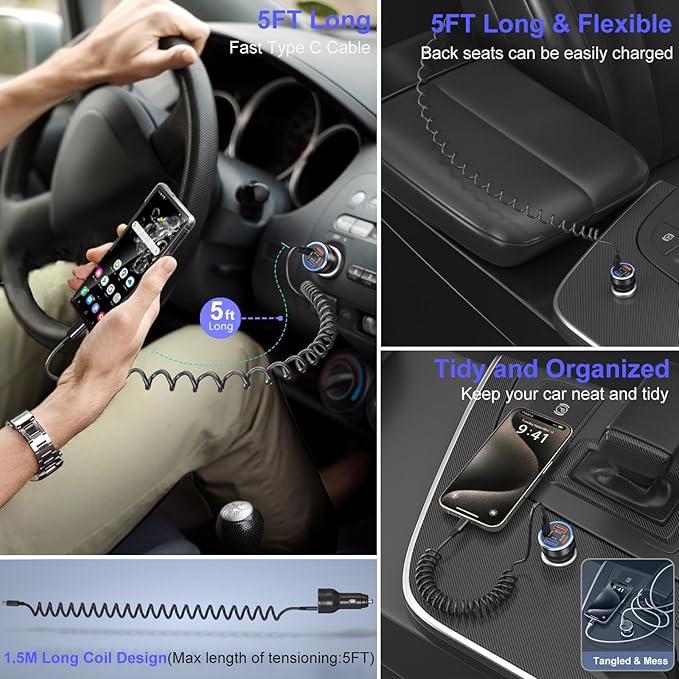 3 Pack 65W Multi Port 12V USB C & USB A Car Charger Adapter with 5 Pack Coiled USB Type C Coiled Cable Compatible for iPhone, Galaxy, Google and Other Android Devices