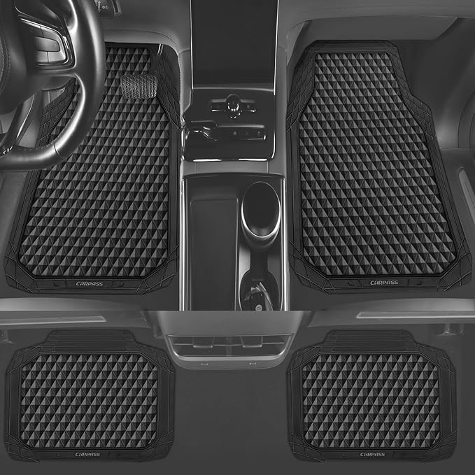 CAR PASS Black Rubber Car Mats, All-Weather Floor Mats Full Set Durable Anti-Slip 3D Rhombus Waterproof Automotive Pad Trim to Fit Liner Universal Fit for Sedan SUV Truck Van, 4 Pcs All Black Rubber