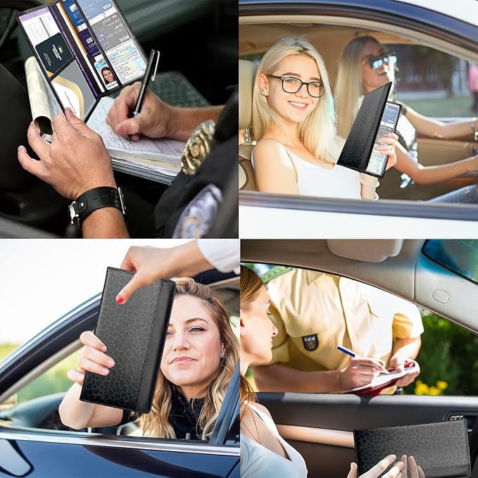 FinestHouse Car Registration and Insurance Holder with Magnetic Closure, Universal Document Organizer for License, Insurance Cards & Glove Box Storage (Leopard-Black)