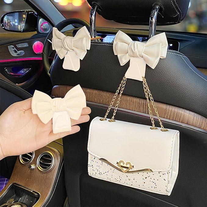 Car Purse Hook for Car 2 Pcs White Cute Bow Car Seat Headrest Hook ,Cute Bow Shaped Vehicle Backseat Storage Hooks, Car Seat Storage Organizer Bag Hooks for Wallets,Coats,Umbrellas,Car Accessories