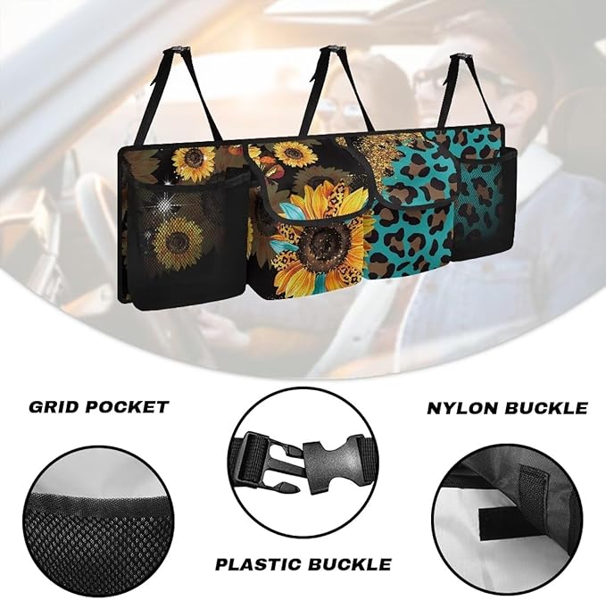 SEANATIVE Sunflowers Leopard Car Trunk Organizer, Hanging Trunk Organizer for SUV, Backseat Car Organizer with 4 Large Compartments, Car Accessories Interior, Space Saving Expert