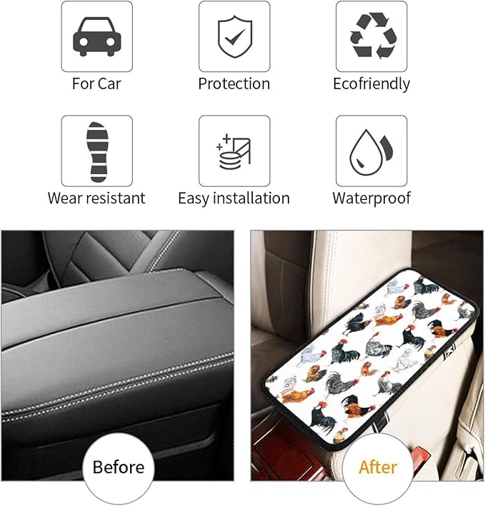 Vintage Chicken Farm Rooster Hen Car Center Console Cover Car Armrest Cushion Waterproof Middle Console Cover Car Arm Rest Cover Pad Comfortable Car Accessories Interior for SUV Sedan Truck
