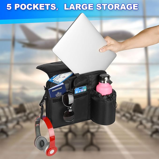 Cosmos Airplane Seatback Organizer Flight Seat Back Storage Bag Hanging Pocket with Adjustable Shoulder Strap, Commuter Shoulder Bag Travel Essentials Media Pouch for Personal Items
