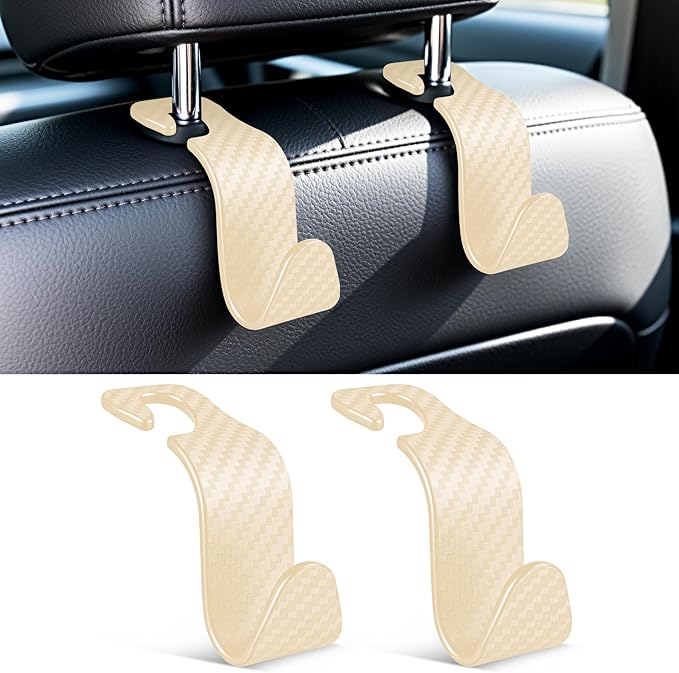 SINGARO Universal 2 Pack Car Seat Headrest Purse Hook, Carbon Fiber Back Seat Hook Storage Organizer Hanger for Purse Handbag Coat, Car Interior Accessories(Beige)