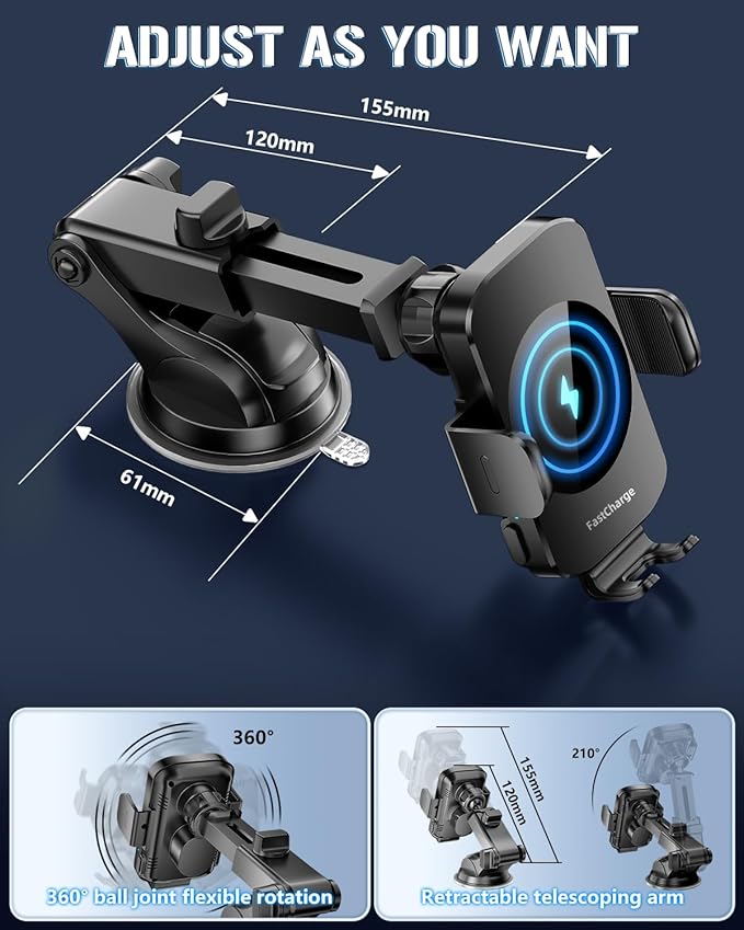 Wireless Car Charger, Fast Charging Phone Holder 3 in 1 Phone Mount Auto Clamping Car Accessories Compatible with iPhone 17 16 15 14 13 12 11 Xs XR, Samsung S23 Ultra S22 S21 S20(Deep Space Black)