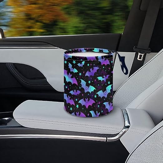 Colorful Bat Print Car Garbage Can Small Trash Can with Leak Proof Inside Liner and Hanging Strap Car Organizer Portable Vehicle Essentials