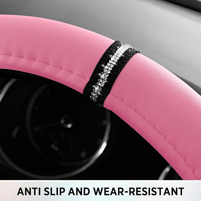 Road Comforts Leopard Steering Wheel Cover - Made with PVC Leather Cheetah Print, D-Shaped Automotive Steering Wheels - Anti-Slip, Universal Fit 14 1/2 inches to 15 inches - Pink