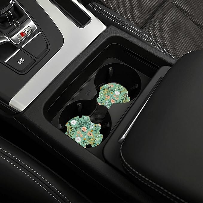 Wild Plant Flowers Steering Wheel Cover for Women Men with 2 Pcs Car Coasters, 15 Inches Neoprene Anti-Slip Cute Universal Green Car Accessories Protective Cover for Vehicle