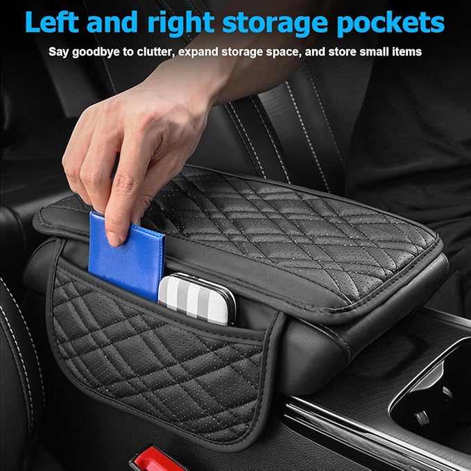 Mandark Car Center Console Cover, 2PCS Leather Vehicle Arm Rest Cushion with 2 Storage Bags, Automotive Armrest Interior Seat Box Pad Accessories, Universal for SUV, Sedan, Truck (Black)