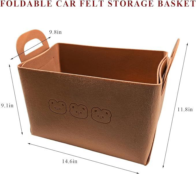 Car Trunk Organizer, Foldable Felt Basket Lightweight Storage Bin with Handles, Large Capacity Flexible Storage Bag Multipurpose Organizer for Vehicle Trunk & Backseat (Brown, 3 Bears)