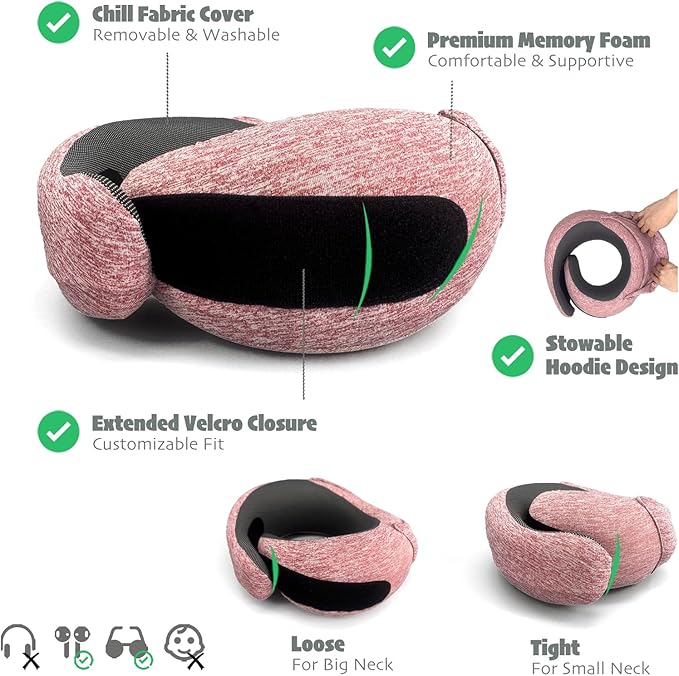 LuxeVoy 2025 Travel Neck Pillow with Stowable Hood,Ergonomic Neck Pillow Airplane,Premium Memory Foam,360º Contoured Design,Washable Cover,Complete Travel Set,for Flight,Car and Office (Pink)