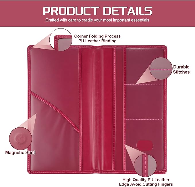 JUSTTOP 2Pack Car Registration and Insurance Holder,Car Document Holder for Cards License with Magnetic Shut,Vehicle Glove Box Car Organizer for Documents, Cards, License(Rose red)