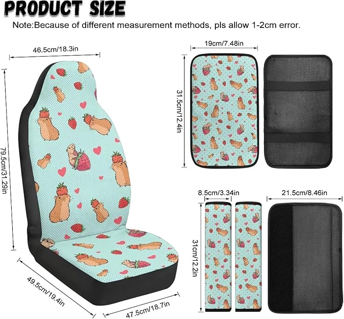 Qeluxign 5 Pieces Car Seat Cover Full Set, Capybara Strawberry Heart Seat Covers Car Seatbelt Pads Vehicle Center Console Armrest Cover Pad for Truck SUV Sedan Automotive Interior Accessorie