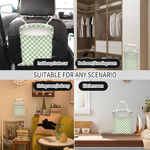 Car Trash Can, Hanging Garbage Bin for Men and Women, Cute Car Organizer and Storage Bag, Canvas Vehicle Trash Can Bag Easy-to-Install Cute Green Checkboard