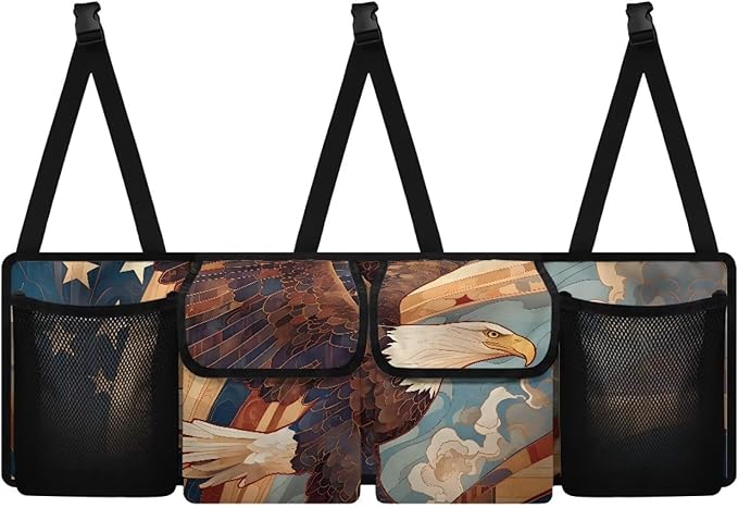 Back Seat Trunk Organizer Hanging Car Organizer Trunk Foldable Cargo Storage with 2 Large Storage Bag & 2 Mesh Pockets& 3 Adjustable Straps 37.01x11.81 inch,American Flag Eagle