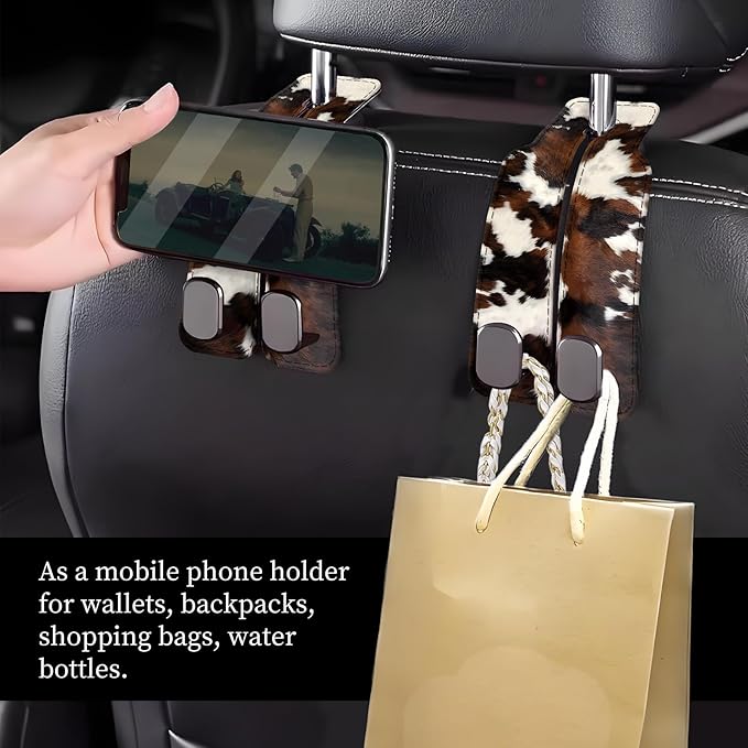 NUGGHU Car Seat Headrest Hook, Universal Leather Cute Hanger Holder Hook, Storage Organizer Interior Accessories for Purse Bags Handbag Luxury Brown Cowhide