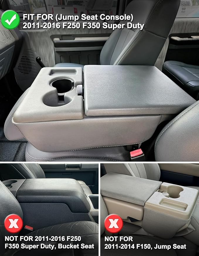 Center Console Armrest Cover for Ford F250 F350 2011 2012 2013 2014 2015 2016, Super Duty Accessories, Middle Console Protector, Arm Rest Box Pad, Vinyl Leather, Gray (Fits Jump Seat Console Only)