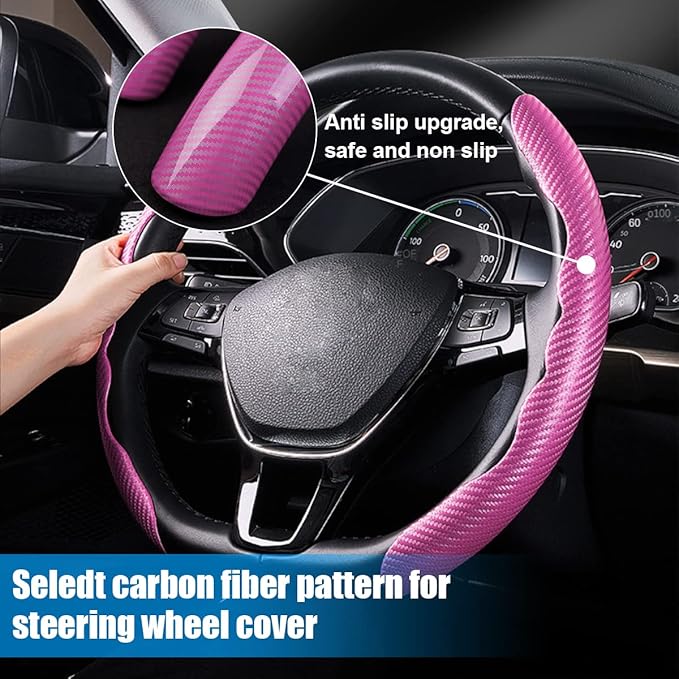 Car Steering Wheel Cover, Carbon Fiber PU Leather Segmented Steering Wheels Protector, Breathable Anti Slip Durable Auto Interior Accessories for Women Men (Carbon Fiber Pink)